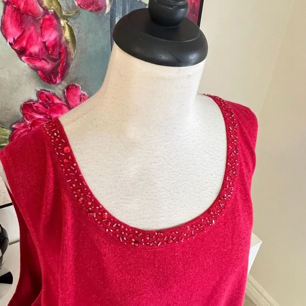 Maggie Barnes Women's Shimmer Knit Beaded Trim Tank & Cardigan Set Red 3X